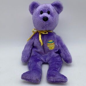 Ty Beanie Babies Eggs III Purple Plush Teddy Bear with Yellow Ribbon Easter 2002